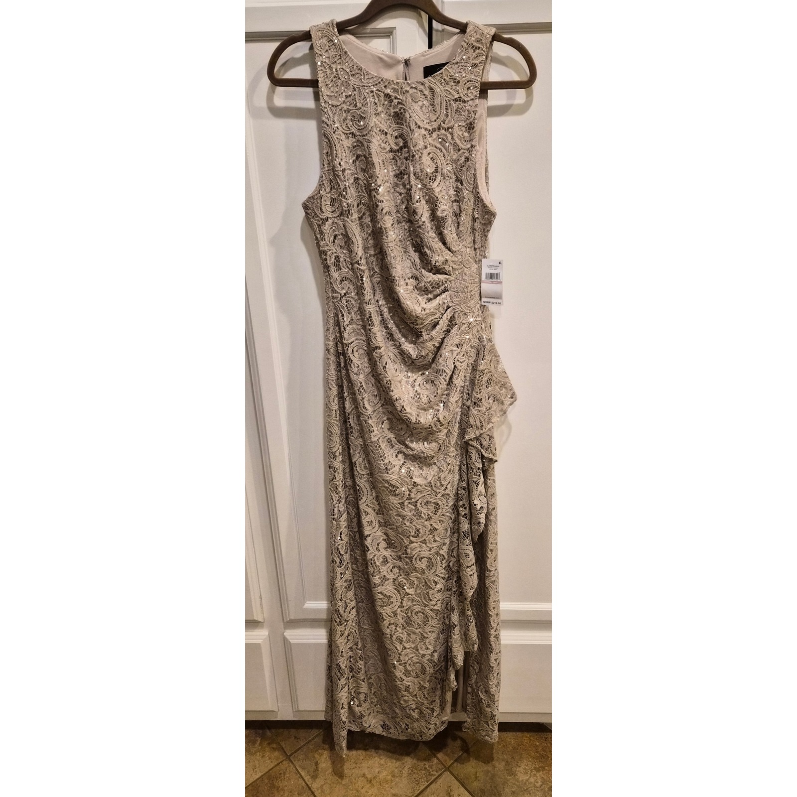 Alex Evenings Buff Lace Sequin Gown Ruffle Side Slit Formal Dress 81122434 Sz 12